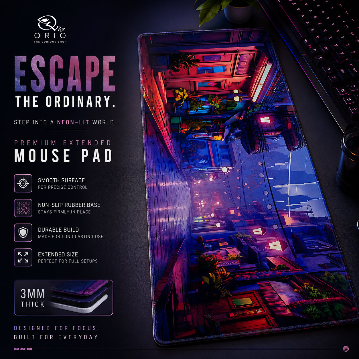 Escape The Ordinary Premium Extended Mouse Pad | Qrio Shop Neon City Gaming Desk Mat 3MM